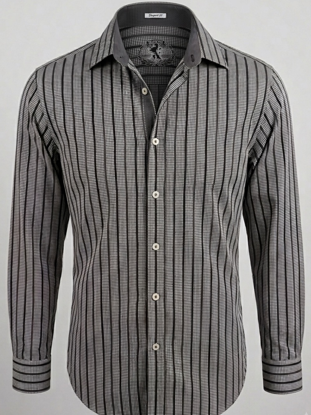 BUGATCHI Mens L Shaped Fit Shirt Long Sleeve Black Grey White Stripe Houndstooth